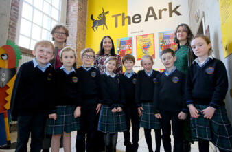The Ark Chair, Carol Fawsitt, Minister Catherine Martin and The Ark Director, Aideen Howard, with students of Gaelscoil na Fuinseoige. Photo by Mark Stedman.